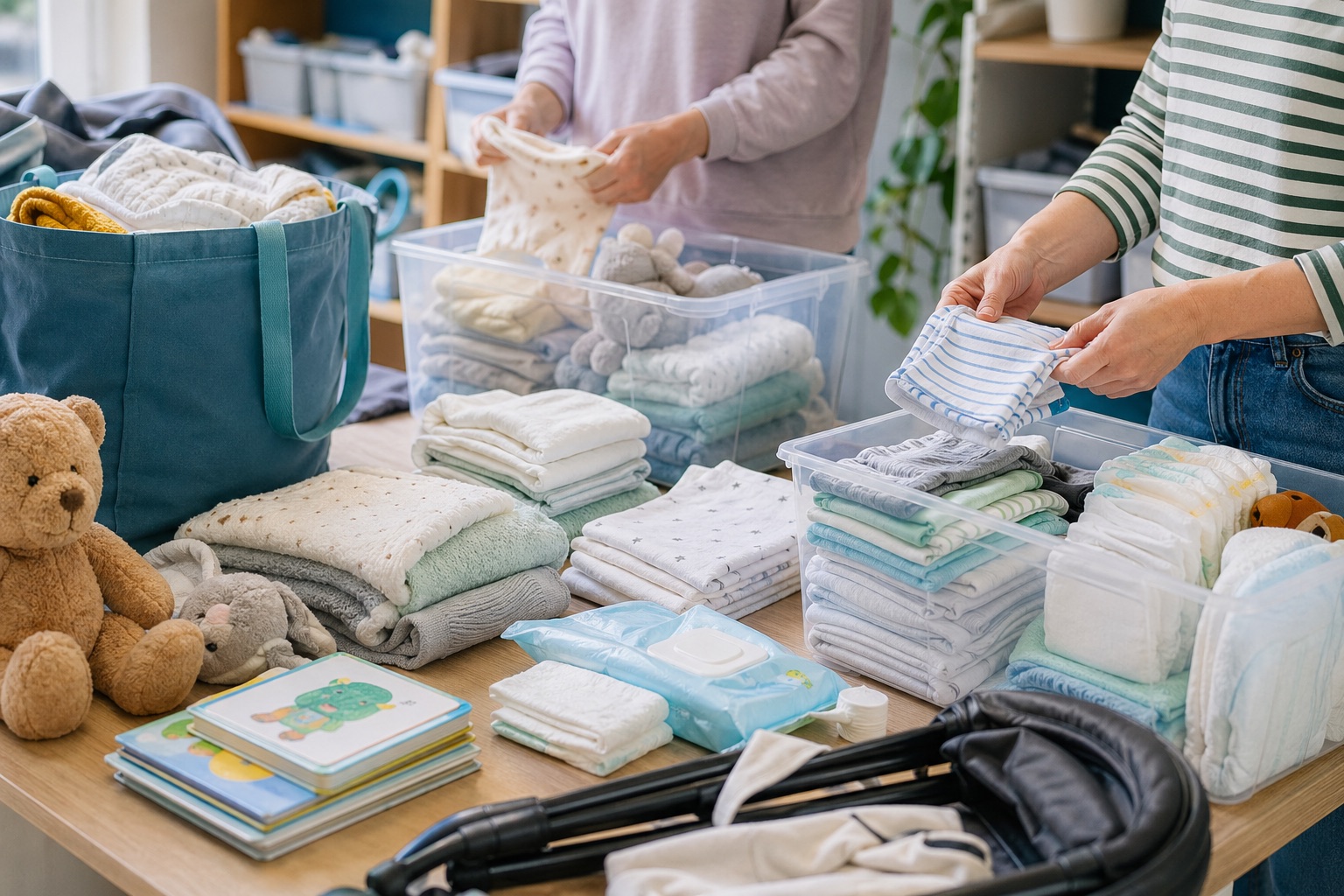 Baby essentials including clothes, nappies, books, toys, and blankets being sorted for donation.