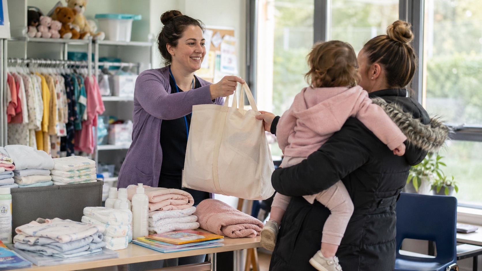 A volunteer giving a bag of baby essentials to a parent with a toddler.