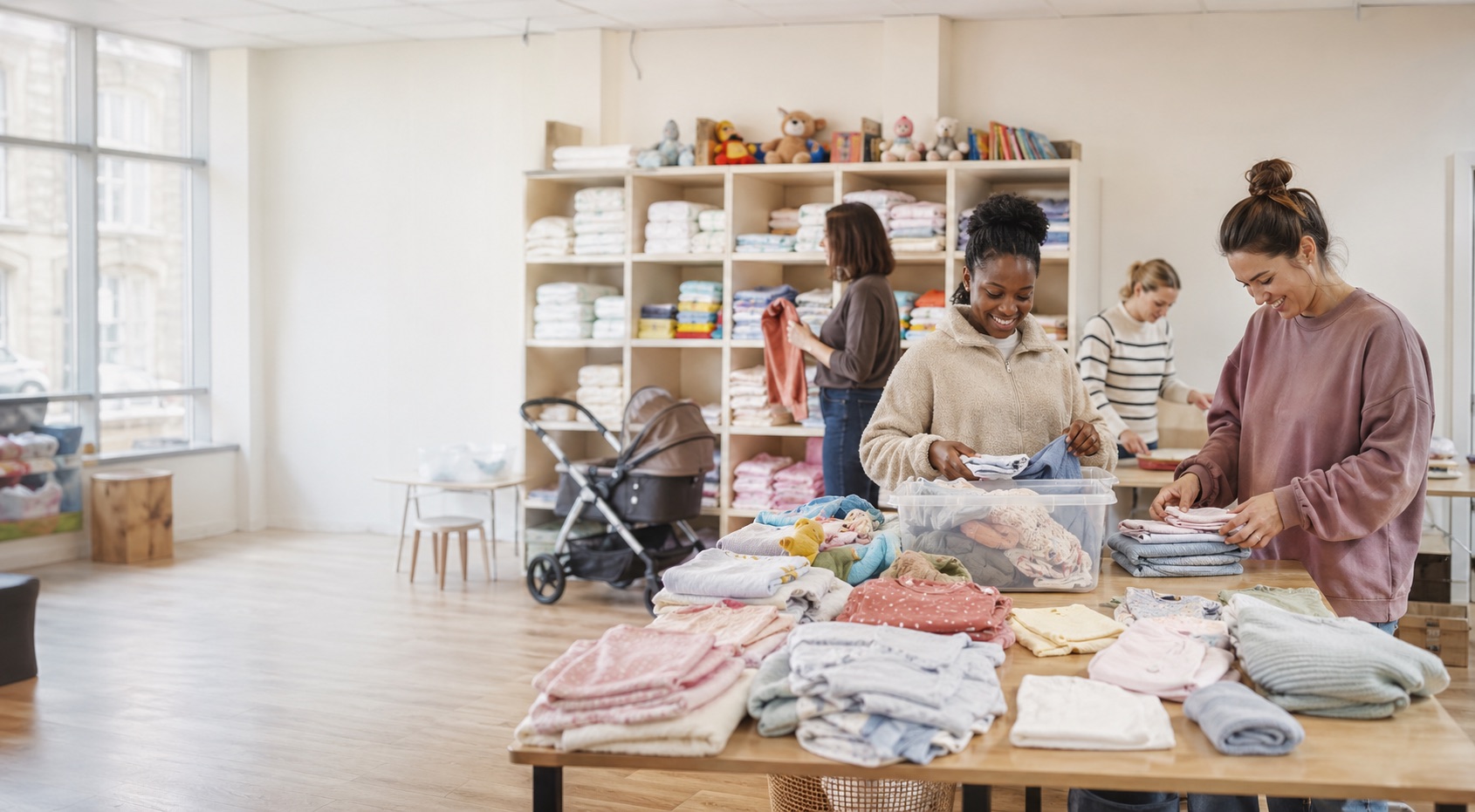 Volunteers sorting baby clothes and essentials in a bright community room.